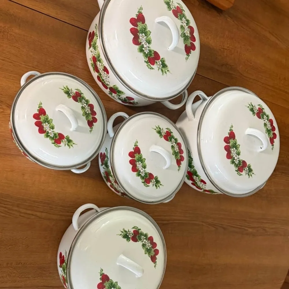 Vintage GMI Enameled Strawberry Cookware Pot Set of 5pc with Lids EUC USA Made